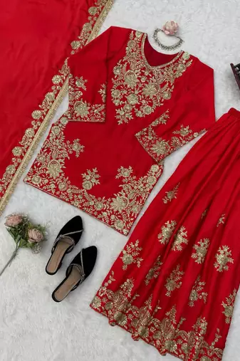 red color thread and sequence work chinon silk blend salwar kameez set