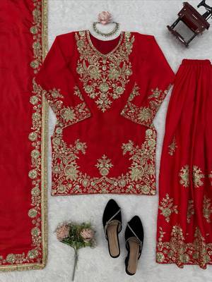 red color thread and sequence work chinon silk blend salwar kameez set 5