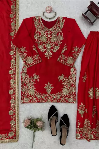 red color thread and sequence work chinon silk blend salwar kameez set