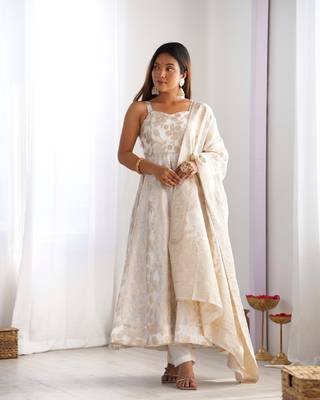 Off white fancy banarasi jackquard  party  embroidery wear  anarkali suit set 2