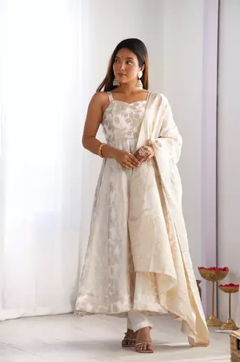 Off white fancy banarasi jackquard  party  embroidery wear  anarkali suit set