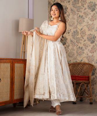 Off white fancy banarasi jackquard  party  embroidery wear  anarkali suit set 4