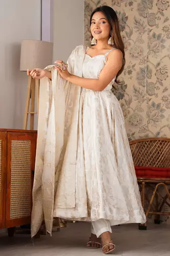 Off white fancy banarasi jackquard  party  embroidery wear  anarkali suit set