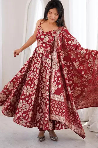 Maroon fancy banarasi jackquard  party  embroidery wear  anarkali suit set