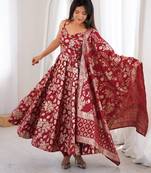 Maroon fancy banarasi jackquard  party  embroidery wear  anarkali suit set