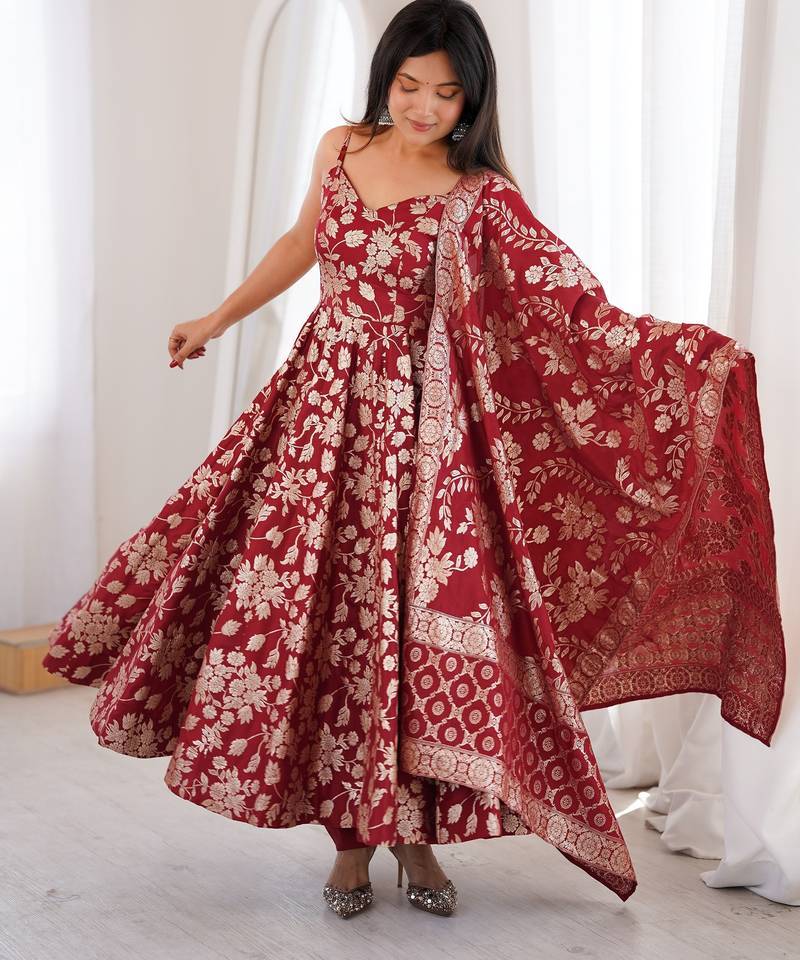 Maroon fancy banarasi jackquard  party  embroidery wear  anarkali suit set