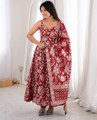 Maroon fancy banarasi jackquard  party  embroidery wear  anarkali suit set 2