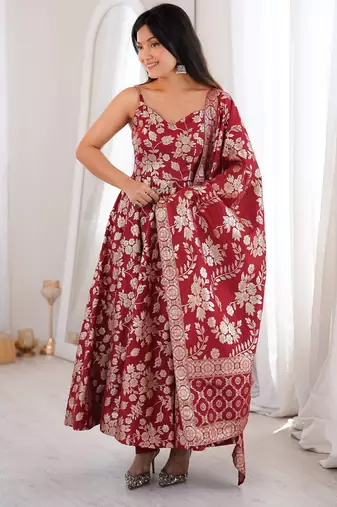 Maroon fancy banarasi jackquard  party  embroidery wear  anarkali suit set