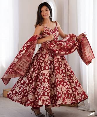 Maroon fancy banarasi jackquard  party  embroidery wear  anarkali suit set 3