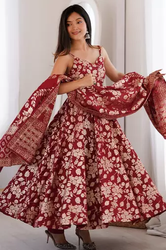 Maroon fancy banarasi jackquard  party  embroidery wear  anarkali suit set