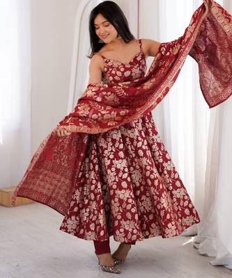 Maroon fancy banarasi jackquard  party  embroidery wear  anarkali suit set 4