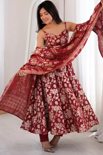 Maroon fancy banarasi jackquard  party  embroidery wear  anarkali suit set