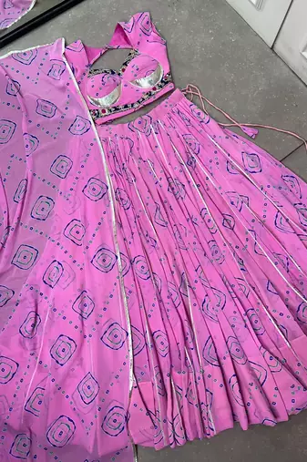 Women's  Bandhej Printed Georgette Free Size Lehenga Choli Set with Dupatta