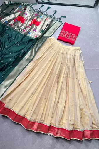 Women's Kanchipuram silk blend Zari Woven Lehenga Choli with Paithani Jacquard Dupatta