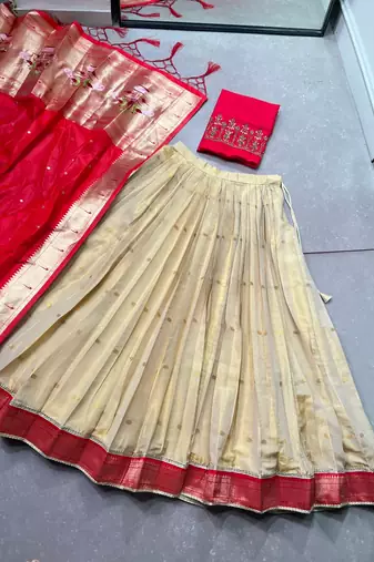 Women's Kanchipuram Silk Zari Woven Lehenga Choli with Paithani Jacquard Dupatta.