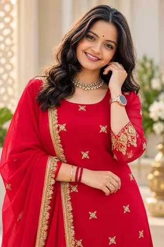 red color thread and sequence work faux georgette salwar kameez set