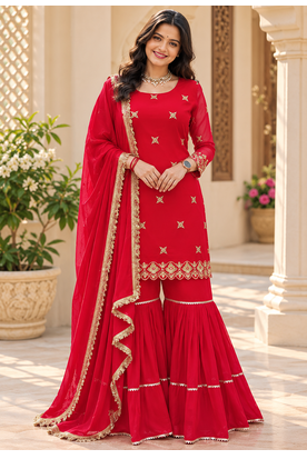 red color thread and sequence work faux georgette salwar kameez set 1