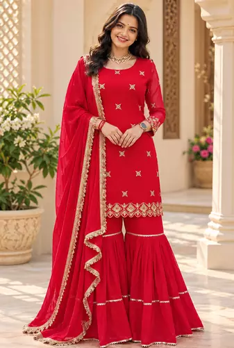 red color thread and sequence work faux georgette salwar kameez set