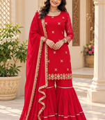 red color thread and sequence work faux georgette salwar kameez set