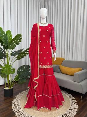 red color thread and sequence work faux georgette salwar kameez set 3