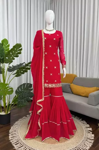 red color thread and sequence work faux georgette salwar kameez set