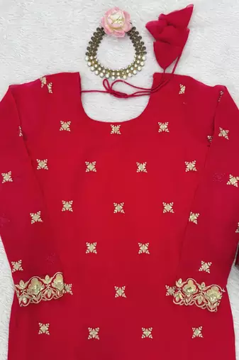red color thread and sequence work faux georgette salwar kameez set
