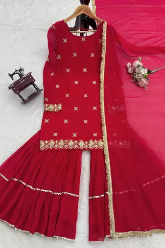 red color thread and sequence work faux georgette salwar kameez set