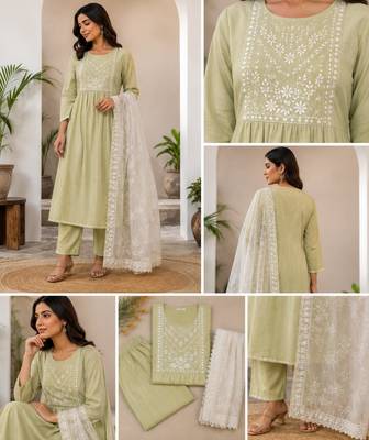 WOMEN RAYON EMBROIDERY NAIRA CUT KURTA WITH PANT AND NET EMBROIDERY DUPATTA  1
