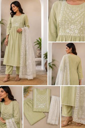 WOMEN RAYON EMBROIDERY NAIRA CUT KURTA WITH PANT AND NET EMBROIDERY DUPATTA 