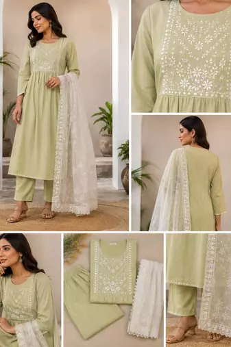 WOMEN RAYON EMBROIDERY NAIRA CUT KURTA WITH PANT AND NET EMBROIDERY DUPATTA 