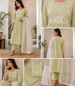 WOMEN RAYON EMBROIDERY NAIRA CUT KURTA WITH PANT AND NET EMBROIDERY DUPATTA 