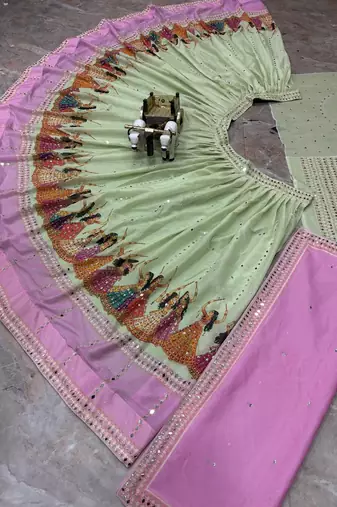 Green Digital Print Mirror Work Georgette Lehenga Choli