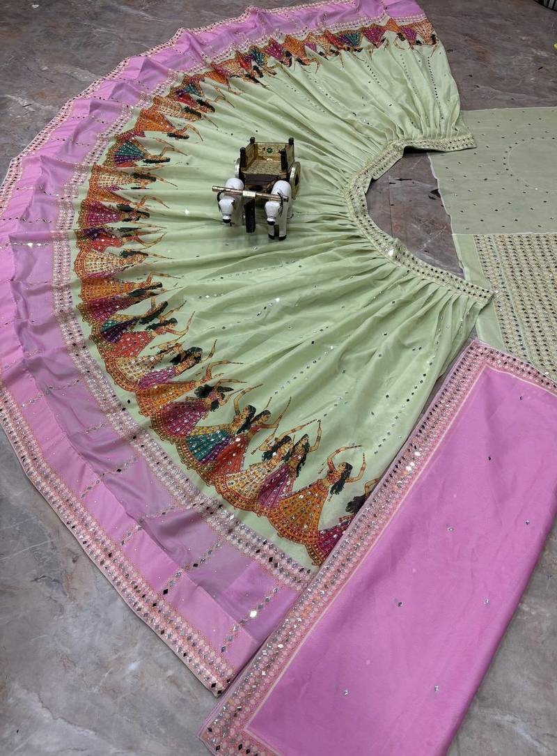 Green Digital Print Mirror Work Georgette Lehenga Choli