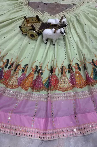 Green Digital Print Mirror Work Georgette Lehenga Choli