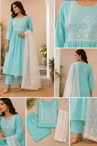 WOMEN  EMBROIDERY NAIRA CUT KURTA WITH PANT AND DUPATTA 