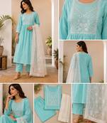 WOMEN  EMBROIDERY NAIRA CUT KURTA WITH PANT AND DUPATTA 
