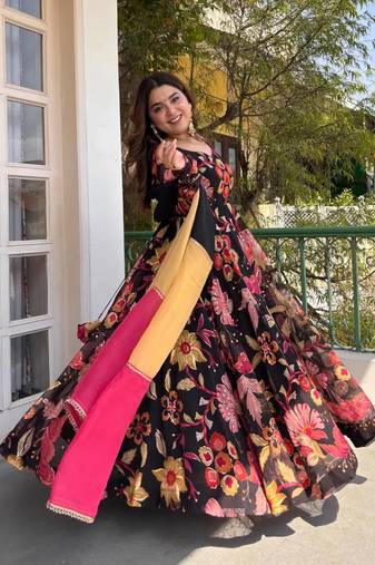 black color digital print work organza anarkali gown set