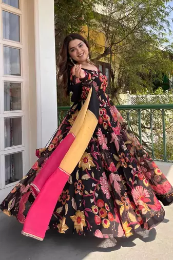 black color digital print work organza anarkali gown set