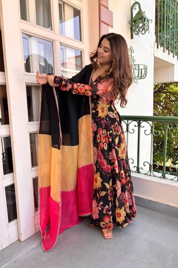 black color digital print work organza anarkali gown set
