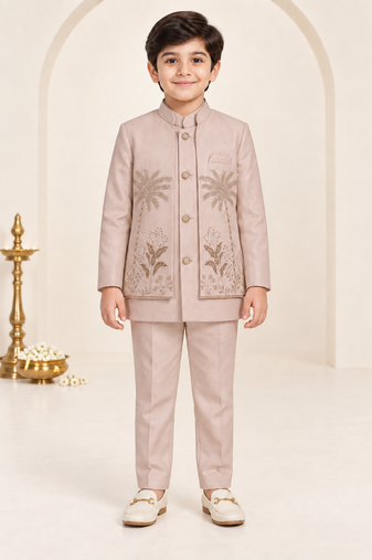 Boys dusty pink cotton blend botanical embroidered sherwani & trouser set with waistcoat