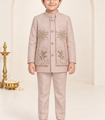 Boys dusty pink cotton blend botanical embroidered sherwani & trouser set with waistcoat