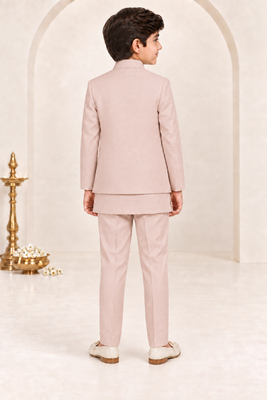 Boys dusty pink cotton blend botanical embroidered sherwani & trouser set with waistcoat 2