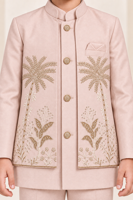 Boys dusty pink cotton blend botanical embroidered sherwani & trouser set with waistcoat 3