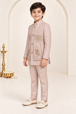Boys dusty pink cotton blend botanical embroidered sherwani & trouser set with waistcoat 4