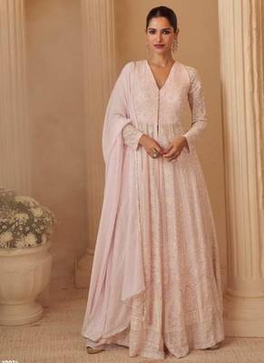 Pink georgette readymade anarkali suit with chikankari & embroidery work 1