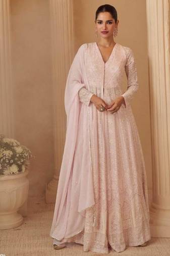 Pink georgette readymade anarkali suit with chikankari & embroidery work