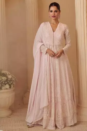 Pink georgette readymade anarkali suit with chikankari & embroidery work