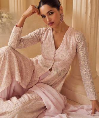Pink georgette readymade anarkali suit with chikankari & embroidery work 2