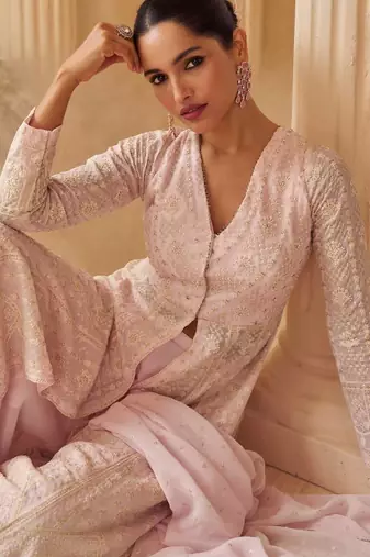 Pink georgette readymade anarkali suit with chikankari & embroidery work