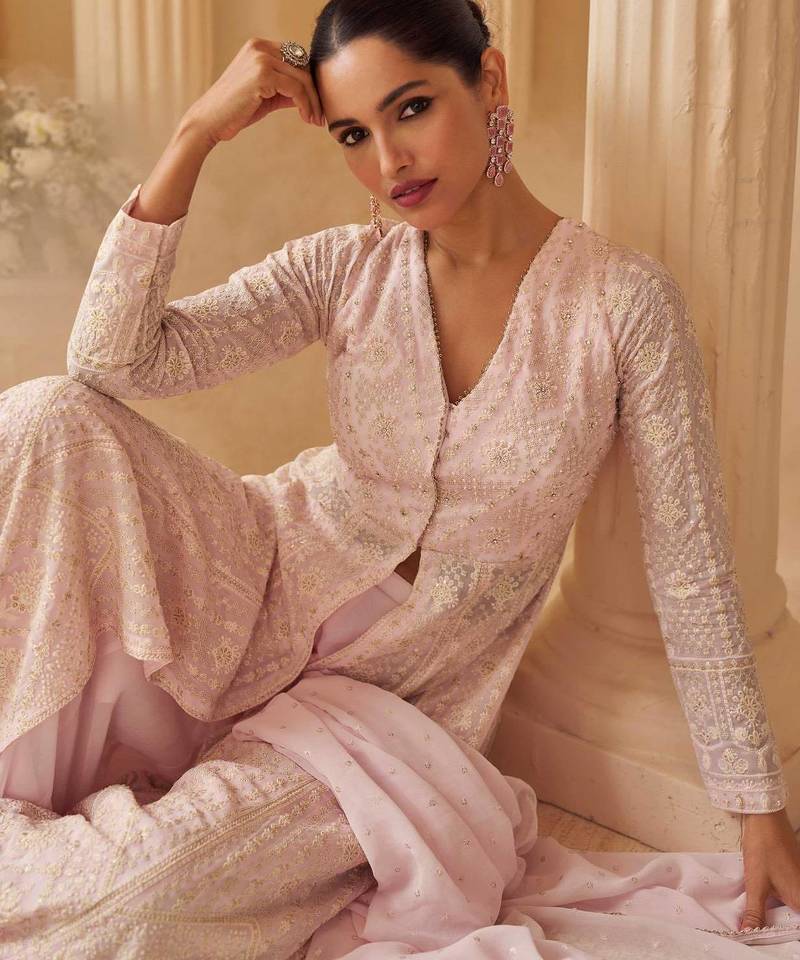 Pink georgette readymade anarkali suit with chikankari & embroidery work